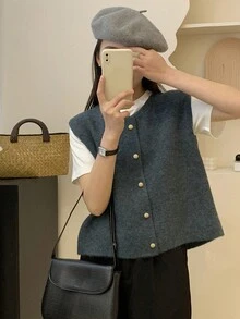 Alicedudu 女式休闲复古简约圆领纯色毛衣背心，秋冬