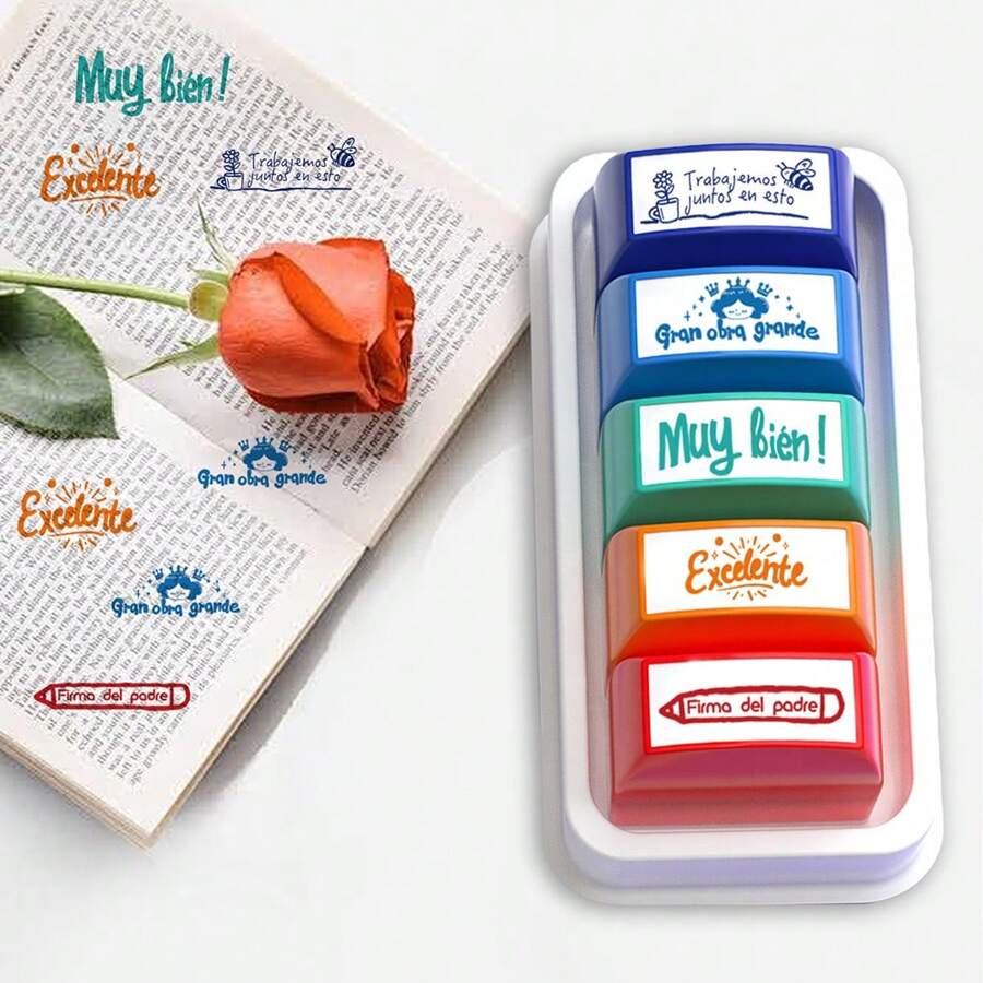 Set de 5 sellos para maestros de español, sellos para maestros de aula, sellos para calificar a los maestros, set de 5 piezas de colores con estuche transparente, de vuelta a la escuela