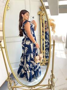 Modern Printed Long Summer Dress - Dusty Blue - View 2