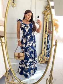 Modern Printed Long Summer Dress - Dusty Blue - View 1