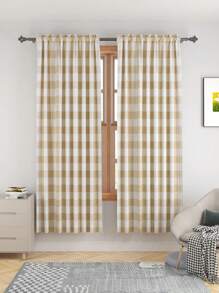 2pcs Modern Simple Khaki Plaid Fabric Curtains For Living Room, Bedroom, Balcony Decor