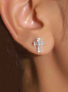 1pair Sparkling Crystal Cross Stud Earrings, Suitable For Women Party Wear