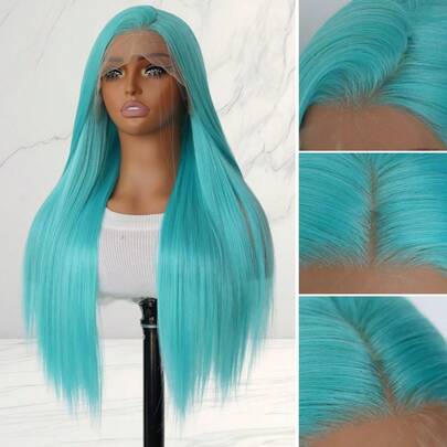 SALLYWELL 24 Inch Mint Blue Synthetic Lace Front Wig, Smooth Straight Hair, Fashion Style For Women; 13x4 High Definition Mint Green Lace Front Wig, Pre-Trimmed Hairline