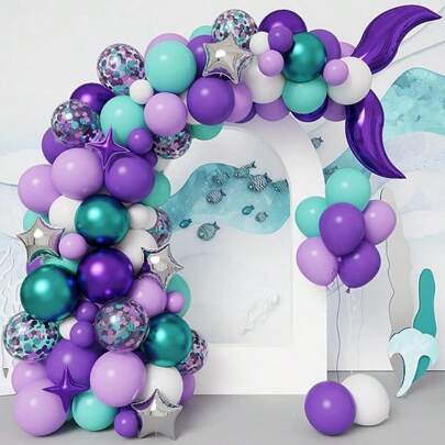 108pcs/Set Mermaid Theme Balloon Arch Kit, Purple Mermaid Tail, Multicolor Confetti & Foil Balloons, Ocean Party Decor For Birthday, Wedding