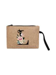 2 件/套简约花朵首字母 A-Z 印花亚麻手提包，粉色流苏，亚麻包，包括一个手提包和一个零钱包，简约旅行包，化妆品钱包，大容量旅行化妆包日常使用、约会、生日、度假、返回学校、度假、海滩、旅行、通勤、商务、学生、野餐、露营、超市、日常收纳，（小包手带方向随机），圣诞节最佳教师礼物 - 卡其色 - 查看 18