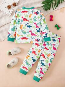 2pcs/Set Dinosaur & Ditsy Floral Long Sleeve Top And Pants Casual Outfit, Autumn/Winter