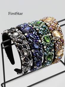 1 件装女士海军蓝绿色黑色水晶串珠巴洛克风格发带水钻手工发带适合选美发饰 - 彩色 - 查看 1