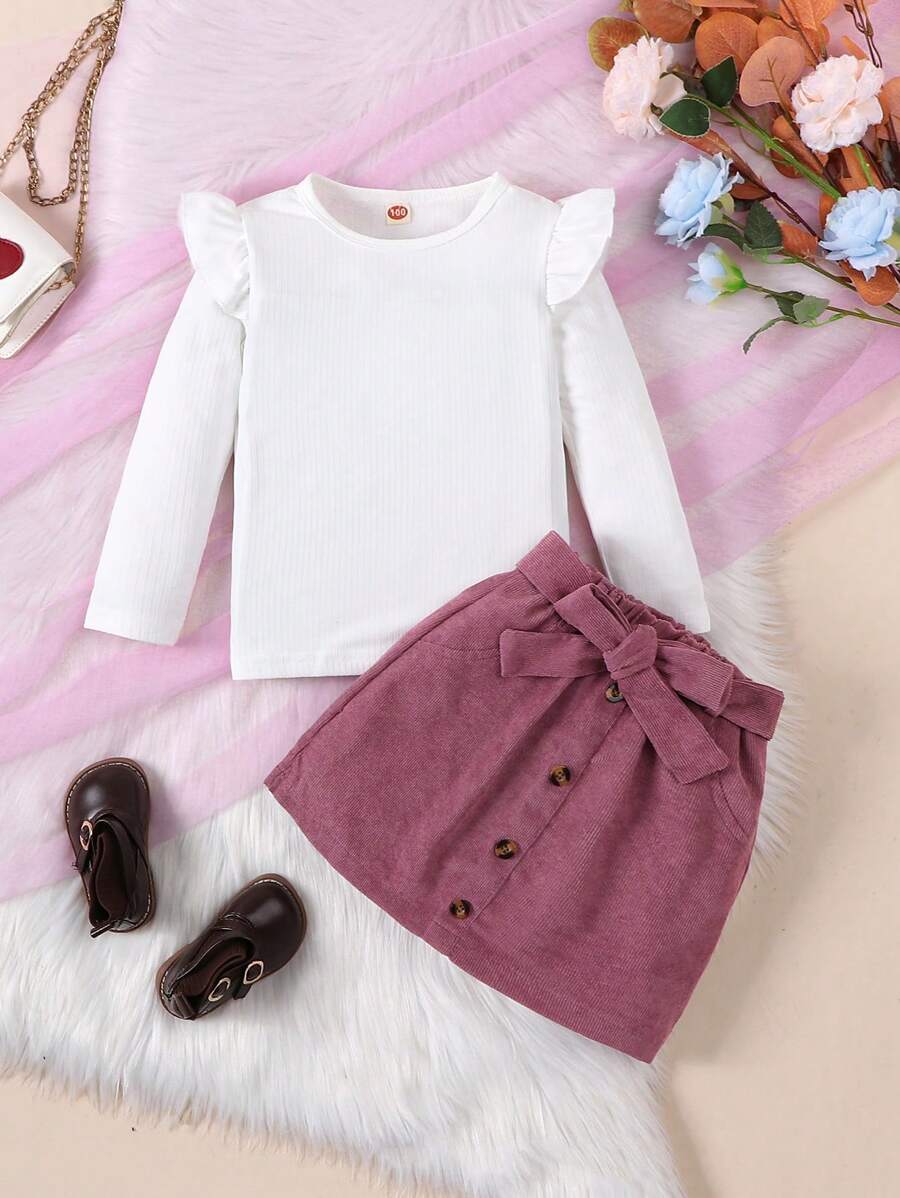 Conjunto de 2 piezas de niña de otoño e invierno con suéter de cuello redondo acanalado blanco y falda morada de moda