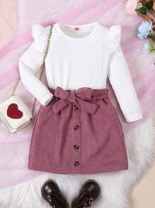 Conjunto de 2 piezas de niña de otoño e invierno con suéter de cuello redondo acanalado blanco y falda morada de moda