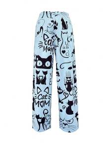 Quần ống rộng in họa tiết mèo thời trang thu đông, phong cách nghỉ dưỡng giản dị thanh lịch, vừa vặn, đa năng, mặc ở nhà, đi du lịch, đi làm - Quần ống rộng ống rộng nhẹ, thoáng khí, phù hợp với mọi mùa, họa tiết mèo một mảnh, cạp chun co giãn - trắng - Xem 3