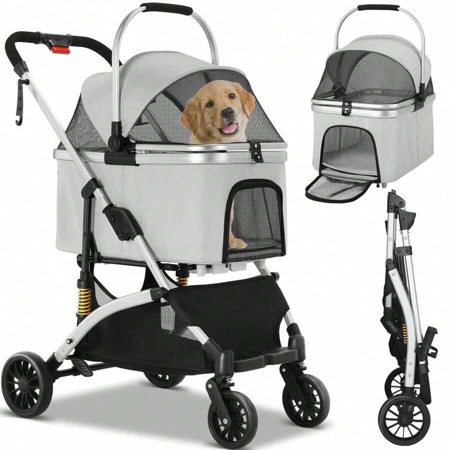3 In 1 Dog Buggy Transport Bag Cat Buggy, Up To 40 Kg, Portable Pet Stroller, Dog Stroller With Mesh Windows & Cup Holder & Spring Shock Absorber, For Small And Medium-Sized Cats And Dogs - Xám - Xem 1