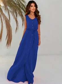 Elegant Long Party Dress With Buttons Hollow Out Colors Casual Various Occasions Party Guest - 藍色 - 查看 1