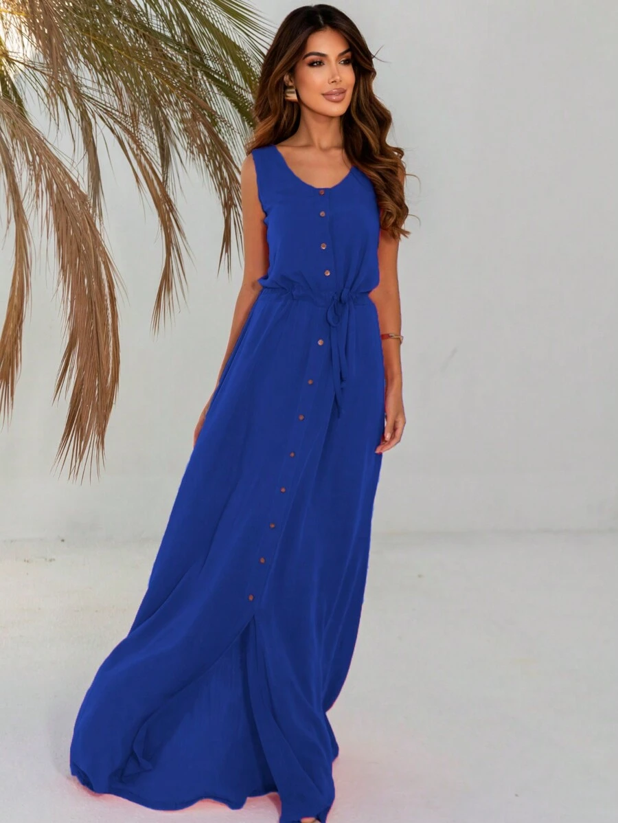 Elegant Long Party Dress With Buttons Hollow Out Colors Casual Various Occasions Party Guest - 藍色 - 查看 1