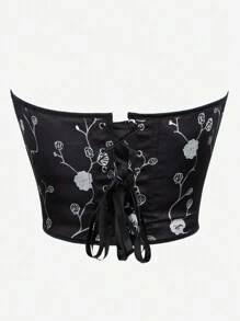 Printed Corset Top, Backless Lace Up Bustier Crop Top, For Halloween - Black and White - View 4