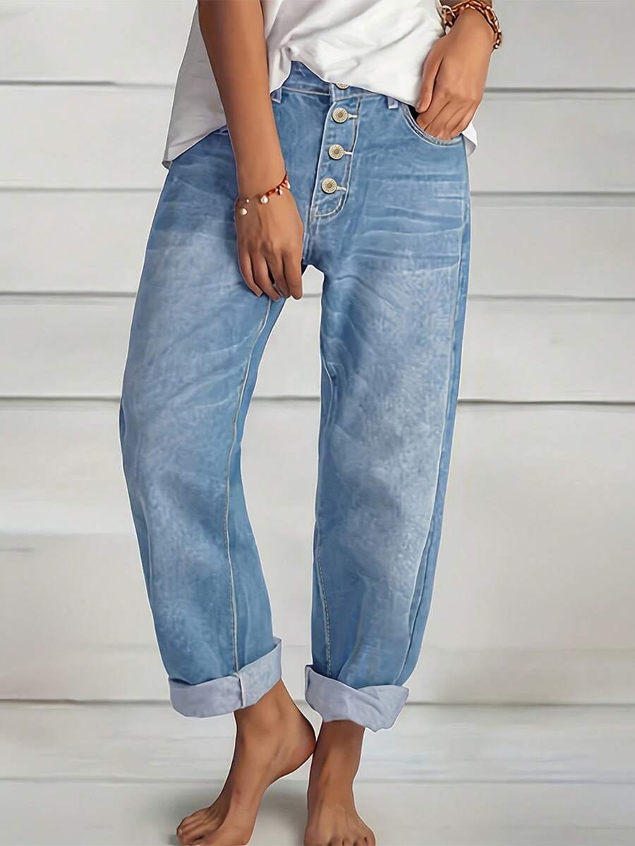 Women's Fall Casual Loose Straight Leg Jeans High Waisted Baggy Buttons Down Boyfreiend Denim Pants With Pockets - 淺色水洗藍 - 查看 1