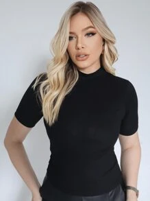 Elegant Women's Blouse In Ribbed Knit With High Neck - 黑色 - 查看 1