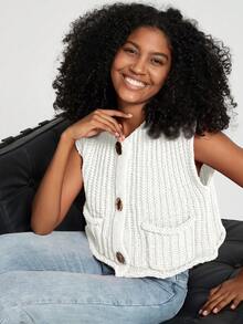 Women's Solid Color Knitted Pocket Decor Chunky Knit Vest - Beige - View 6