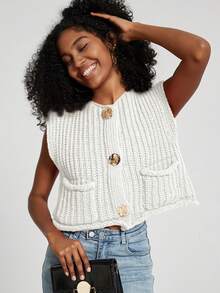 Women's Solid Color Knitted Pocket Decor Chunky Knit Vest - Beige - View 10