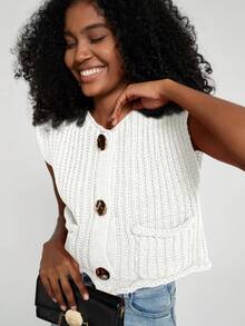 Women's Solid Color Knitted Pocket Decor Chunky Knit Vest - Beige - View 7