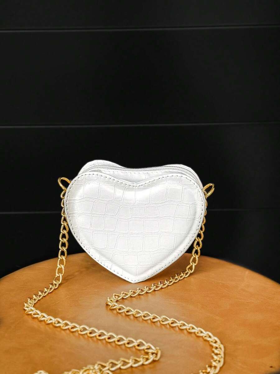 Women's Crossbody Bag Side Mini Bag Small Party Bag Metallic Chain Strap Love Heart - White - View 1