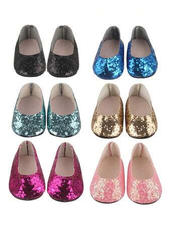 1 par dockskor, lämpliga för 45 cm dockor, 7,5 cm runda platta glitterskor för 18 tums amerikanska flickdockor, docktillbehör