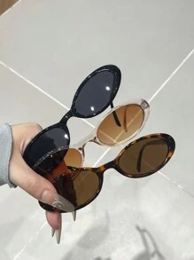 3副女士椭圆形时尚眼镜套装，韩版时尚，适合舞会、海滩派对、度假装扮、万圣节、撞色波西米亚风，打造夏日海滩度假、户外活动、旅行、返校、大学、校园造型 - 灰茶 - 查看 4
