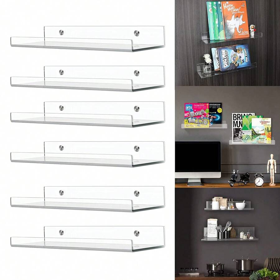 Floating Shelf 15"/38cm Acrylic Wall Shelves Invisible Wall Floating Shelves 5mm Thick Bathroom Shelf For Bedroom, Living Room, Bathroom, Set Of 2 - White - View 1