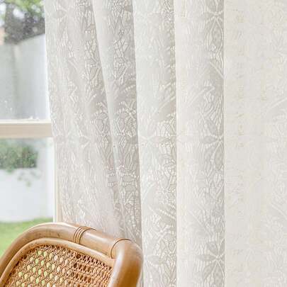 1 件装白色花朵刺绣图案门帘薄纱窗帘适用于家庭涤纶可水洗适用于卧室和客厅