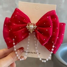 1pc Girls' Rhinestone, Pearl & Bow Decor Hair Clip, Cute & Sweet Hair Accessory Suitable For Home, Daily, School, Party, Gift (No Card Included) - 1PCS - View 4