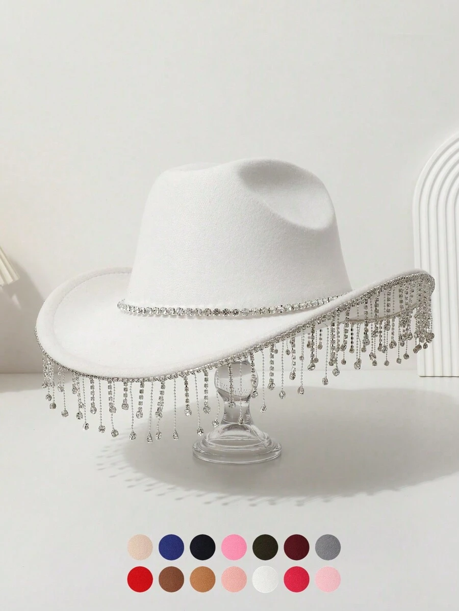 1pc Women's Solid Color Crystal Rhinestone Tassel Cowgirl Western Hat For Travel, Party, Festival, Casual, Wedding, Daily Wear Skull Skeleton Halloween - Multicolor - View 1