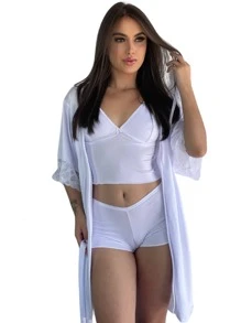 Charme Dela's Luxury Lace Robe With Polyamide Kimono Tie - White - View 2