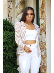 Women's Checkered Knit Blazer Jacket With Long Sleeve Blouse - Màu be - Xem 1