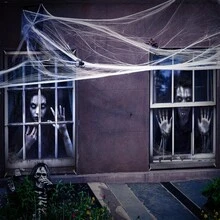 万圣节鬼窗帘万圣节窗户剪影恐怖女性男性血鬼骷髅窗户遮盖万圣节窗户海报装饰品适用于室内室外派对装饰 - 彩色 - 查看 3