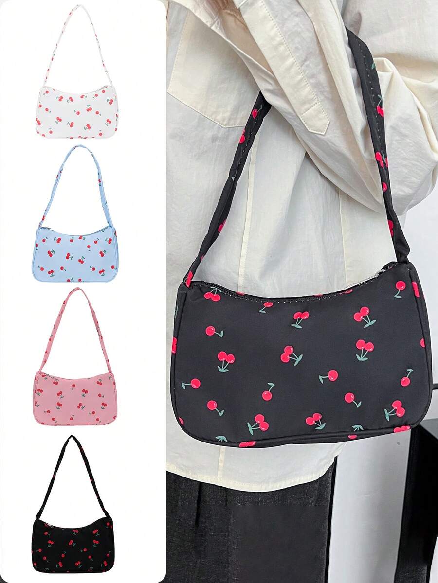 2024 New Black Handbag For Women, Fashion Cherry Print Pattern, Lightweight Versatile Shoulder Bag, Fresh Look Underarm Bag