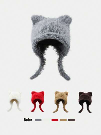 1 pieza Gorra tejida con orejas de peluche adorable, roja, sombrero de orejeras de invierno cálido y suave, estilo Ins para Halloween