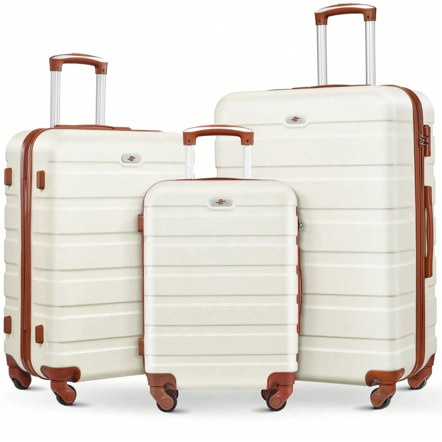 3 Piece Luggage Sets, ABS Hardside Spinner Suitcase With Wheels, Carry-On And Checked Luggage,20/24/28-Inch Assorted Sizes, 360° Smooth-Rolling Spinners, Lightweight Durable Construction, Multifunctional Large Capacity For Travel,Christmas, Go To School, Vacation - Trắng nâu - Xem 1