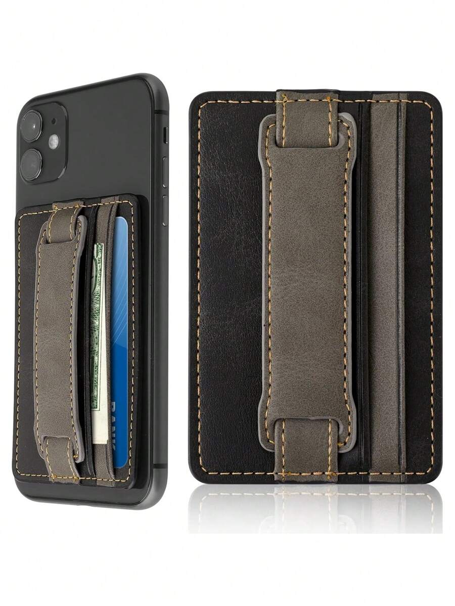 1pc Black PU Leather Phone Card Case Wallet With SelfAdhesive Phone