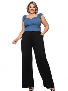 Kit 3 Plus Size Women's Wide Leg Pants From Duna - Đen Xám Xanh Quân Đội - Xem 5