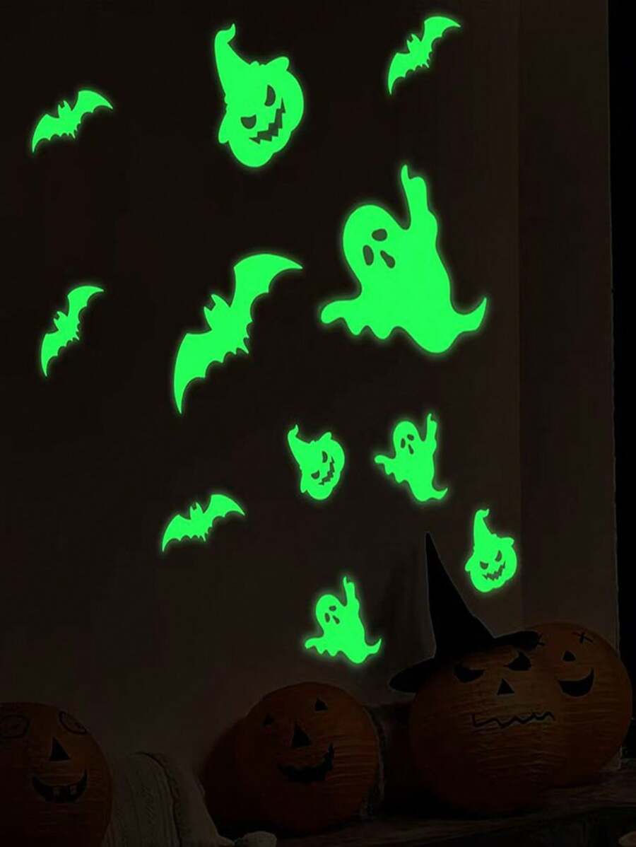 1pc New PVC Night Luminous Pumpkin Head Wall Sticker, Self-Adhesive Glow In The Dark Bat Decor - Multicolor - View 1