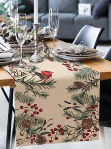 Christmas Pine Needle Linen Table Runner Dresser Scarf Pine Cone Cardinal Red Birds Kitchen Table Runner Christmas Decorations - Multicolor - View 5