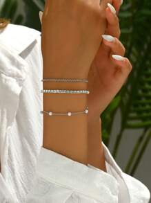 3pcs Elegant Lady Style Silver Plastic Rhinestone Elastic Bracelet Set, Faux Pearl & Stainless Steel Bracelets, Adjustable Size, Suitable For Daily Wear, Great Gift For Girlfriend, Wife, Mother, Family And Friends - Silver - View 3