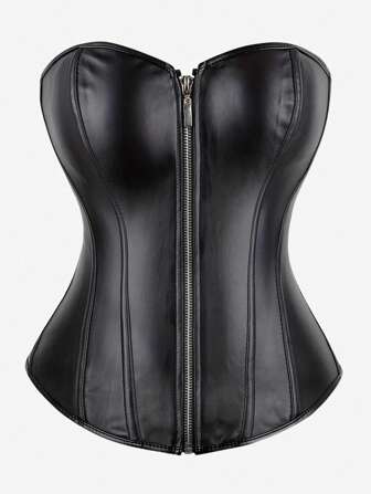 Overbust Corset Bustier With Zipper, Waist Trainer Corset Top For Outerwear Or Layering, Punk Costume, Masquerade Ball, Halloween, Black