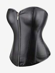 Overbust Corset Bustier With Zipper, Waist Trainer Corset Top For Outerwear Or Layering, Punk Costume, Masquerade Ball, Halloween, Black - Black - View 2