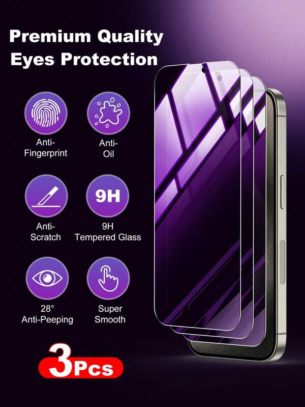 3pcs Full Coverage Anti-Spy Blue Light Tempered Glass Screen Protector Suitable Compatible With Iphone 14 6.1"/ IPhone 13/ IPhone 13 Pro 6.1/ IPhone 15/ IPhone 15 Pro Max/ IPhone 16/ IPhone 16 Pro/ IPhone 16 Pro Max Gift For Birthday, Family, Friends Phone Screen Protector, Phone Accessories