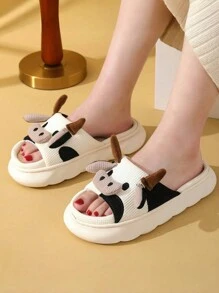 Pantuflas antideslizantes para el hogar de lino con estampado de vaca de dibujos animados