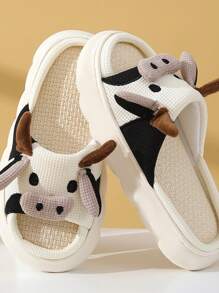 Pantuflas antideslizantes para el hogar de lino con estampado de vaca de dibujos animados