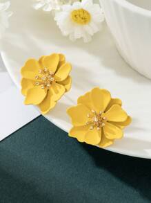 一对时尚花卉喷漆黄色耳环，适合女性旅行佩戴 - 黃色 - 查看 2