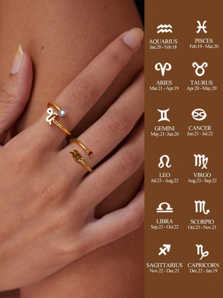 1枚女士S925纯银立方氧化锆十二生肖可调节戒指，精致时尚珠宝礼品 - 十二星座開口戒 - 查看 1
