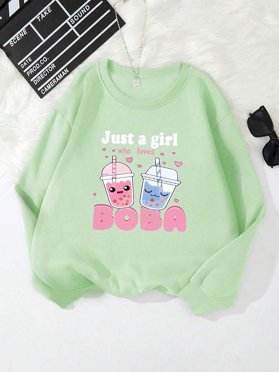 1 件 Tween Girl 图案印花圆领运动衫,青春时尚休闲秋冬 - 綠色 - 查看 1