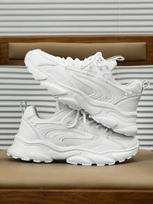 Men's Solid Color Lace-Up Thick Sole Casual Sneakers - White - View 5